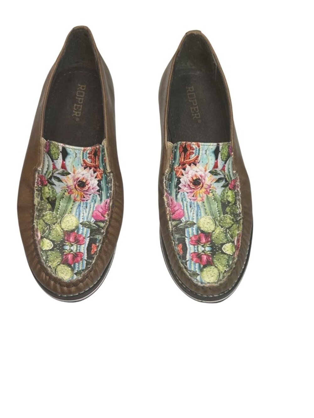 Roper Womens Cactus Print Slip-On Shoes Size 8 Brown & Multicolor Leather
